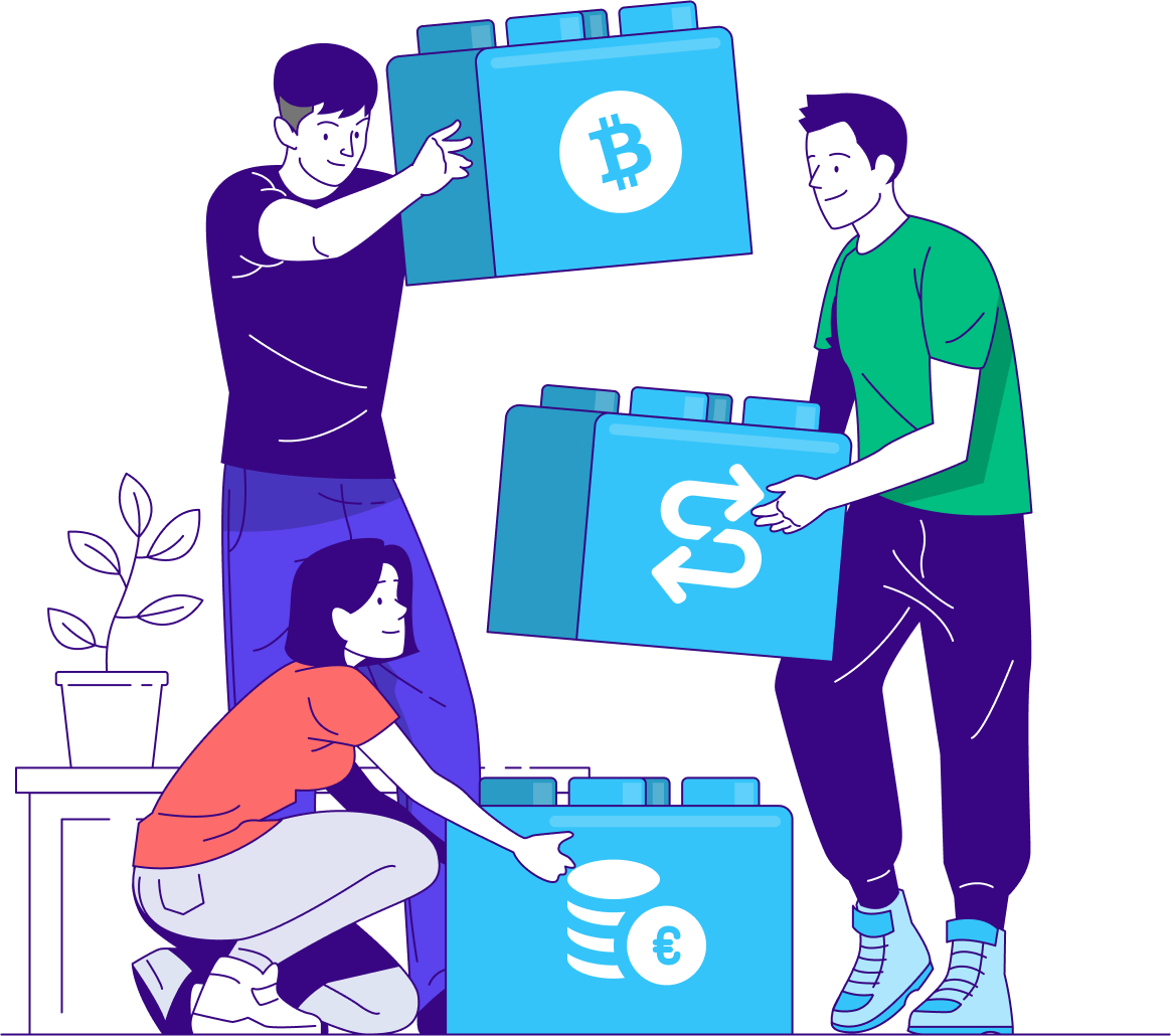 People holding crypto currency building blocks