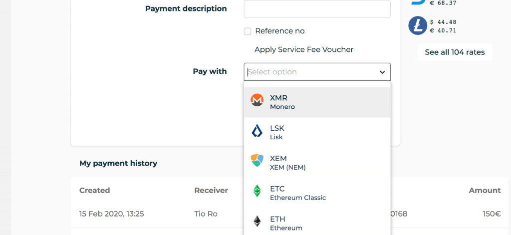 Payment option dropdown list