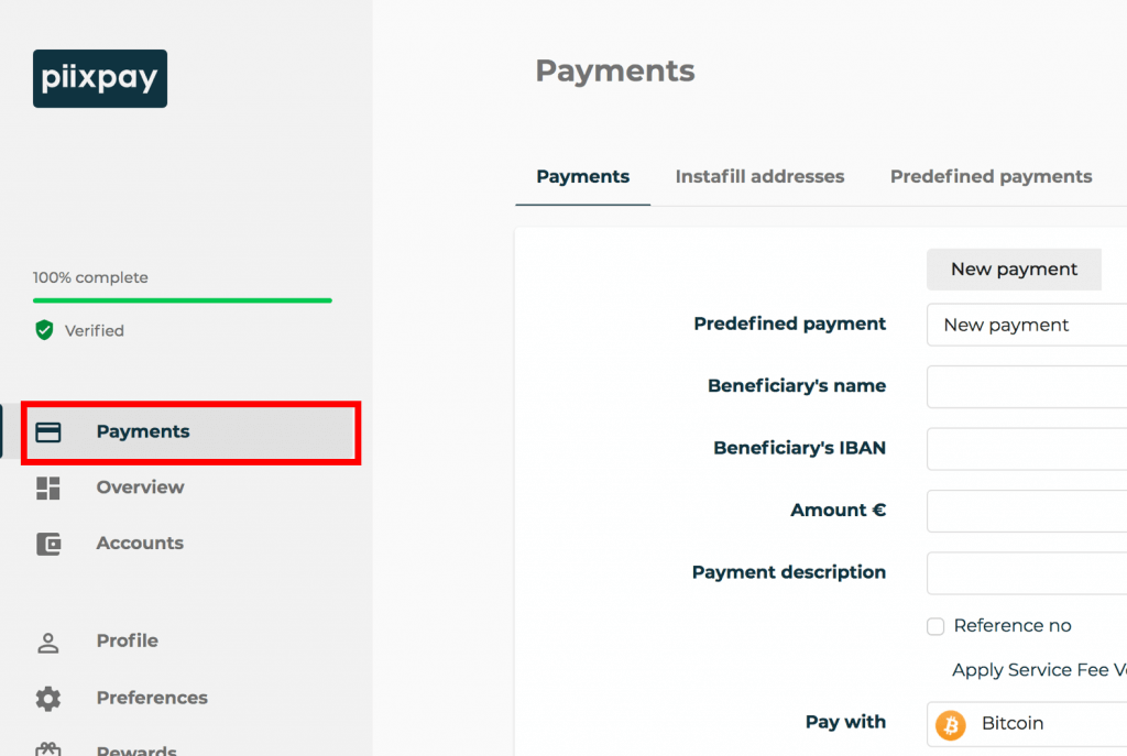 Piixpay payments tab