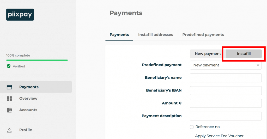 Instafill button in the Piixpay payments tab
